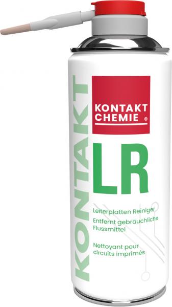 Das Bild zeigt eine Sprühdose mit einem silbernen Körper. Oben hat sie einen roten Verschluss und eine dünne Sprühdüse. Auf der Dose steht "KONTAKT CHEMIE LR", einschließlich Anwendungshinweisen.