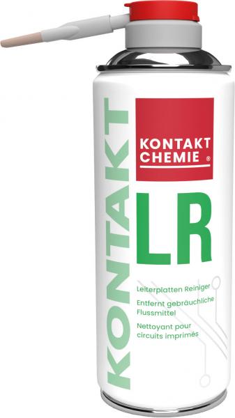 The image shows a spray can with a silver body and red cap. The label reads "KONTAKT CHEMIE" and "LR" in large, green letters. It is a contact cleaner.