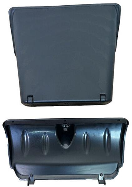 The image shows two black plastic parts. Above, a small, flat lid with rounded corners. Below, a deeper, curved shape with notches and fastening elements.