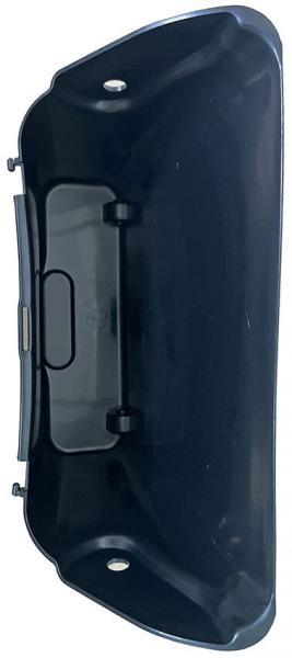 The image shows a black, curved plastic piece with two mounting holes. It has a central opening and looks like a bracket or cover.