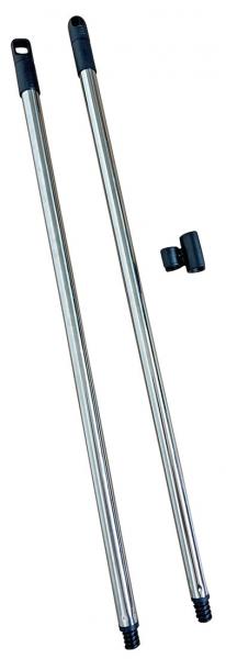 The image shows two silver, slender metal rods with black ends. Next to them is a small, black connector that possibly serves as a fastening device.