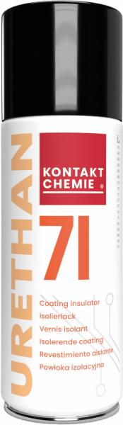 Das Bild zeigt eine Sprühdose mit schwarzem Deckel. Auf der weißen Dose steht "KONTAKT CHEMIE" und "URETHAN 71" in orange, umgeben von Informationen in verschiedenen Sprachen.