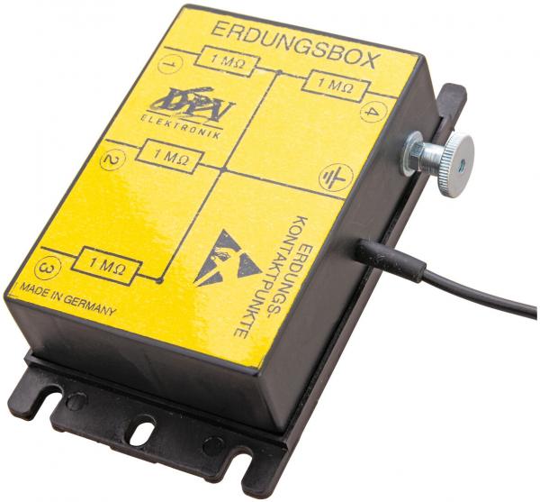 The image shows a black grounding box with a yellow lid. On the lid are circuit diagrams and labels in black, as well as a contact with a screw. It is used for electrical safety.