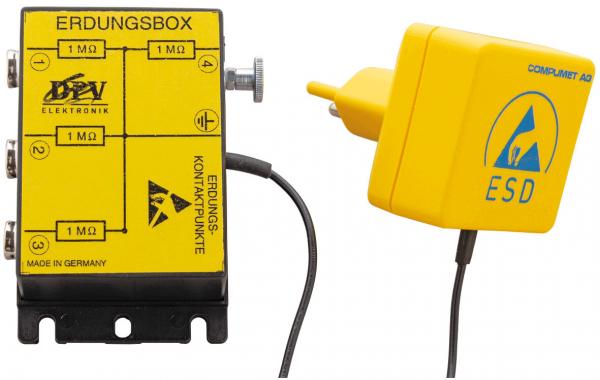 The image shows a yellow grounding box with multiple connections and a plug. The box features technical symbols and labels. The plug has an ESD symbol. Everything has a technical function.
