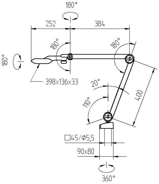 The image displays a technical drawing of an arm with joints that can move at various angles. Dimensions and angles are clearly indicated to illustrate the range of motion.