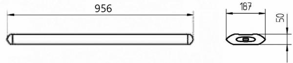 The image displays a technical drawing of an elongated object with dimensions 956 mm (length), 187 mm (width), and 50 mm (height). The ends are rounded.