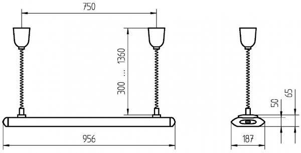 The image shows a technical drawing of a lamp. It has a rectangular light with two vertical springs. Dimensions are provided: width 750 mm, height 300 to 1360 mm.