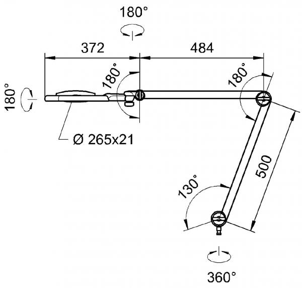 The image displays a technical drawing of a lamp. It has a long, flexible arm with multiple joints that allow for various angles of movement. Dimensions are provided.