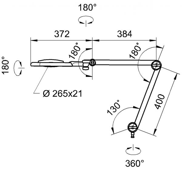 Das Bild zeigt eine technische Skizze eines beweglichen Arms mit Gelenken. Es enthält Maße und Winkel, die die Flexibilität eines Lichts oder Geräts darstellen.