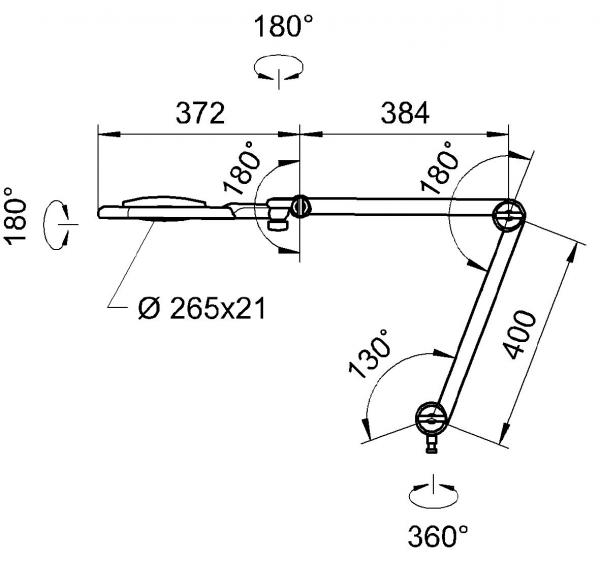 Das Bild zeigt eine technische Zeichnung einer Lampe mit beweglichem Arm. Es sind verschiedene Maße und Drehwinkel angegeben, die die Flexibilität und Anpassungsfähigkeit der Lampe illustrieren.
