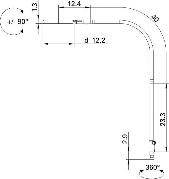 The image displays a technical drawing of a faucet. It has a curved shape with precise measurements, such as length and diameter, listed in millimeters.