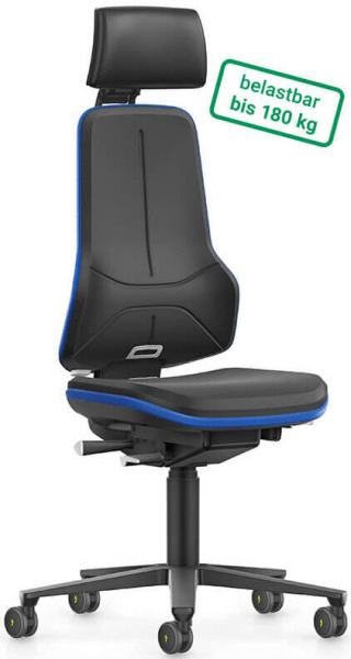 The office chair is black with blue accents. It has a high backrest and a headrest. The seat is padded, and it has five casters for mobility. Load capacity up to 180 kg.