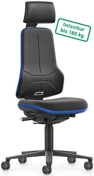 The chair has an ergonomic shape with a high backrest and a wide seat. It is black with blue accents and on casters. Load capacity up to 180 kg.