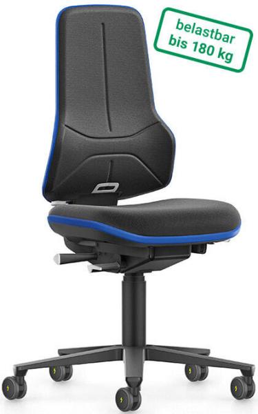 This is an ergonomic office chair with a black cover and blue accents. It features a high backrest, wide seat, and wheels for easy movement. Supports up to 180 kg.