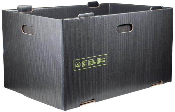 It is a rectangular box made of black cardboard. It has two side handle holes for easy handling and a yellow inscription on one side. The box is sturdy and open.