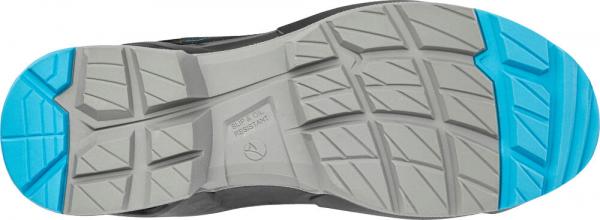 The underside of a shoe is visible. It has a gray tread with deep grooves and a blue area at the heel. The structure is sturdy and designed for better grip.