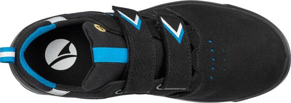 The image shows a black shoe with blue accents. It has two wide Velcro straps and a non-slip sole. The insole is black and white.