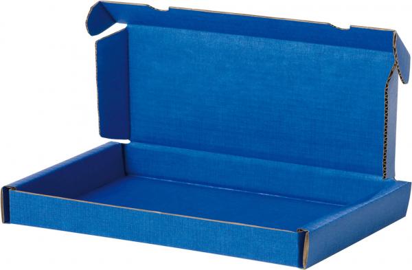 The image shows an open, rectangular box made of blue cardboard. The side walls are folded up, the bottom is flat, and the interior surface is smooth and unpatterned.