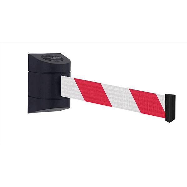 The image shows a barrier with a black box on the left side. The bar is diagonally striped in red and white and is extended to separate an area.