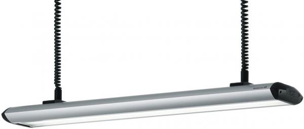 The image shows a modern, elongated ceiling light in silver color. It hangs from two black spiral cables and has rounded edges at both ends.