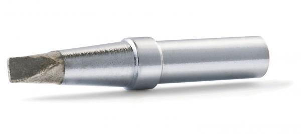 The image shows a narrow, silver screwdriver with a flat end. The handle is smooth and cylindrical, while the tip is slightly beveled to turn screws.