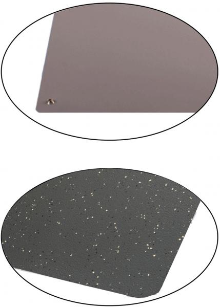 The image shows two rectangular plates. The top one is solid gray, the bottom one is dark with white, sparkling dots. Both are set against white backgrounds.