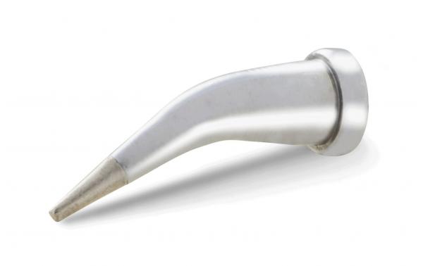 The image shows a shiny, rounded metal attachment with a long, pointed opening. The attachment has a rounded base and a curved shape that slightly tilts upward at the front.