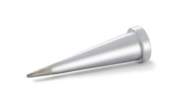 The image displays a silver metallic object in a conical shape. It has a pointed, narrow tip and a wider, flat base. The object could be a pen or a tool.