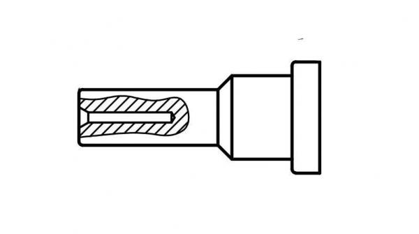 The image shows a schematic cross-section of a screwdriver attachment. It has a cylindrical shape with a wide base and a grooved, narrow tip.