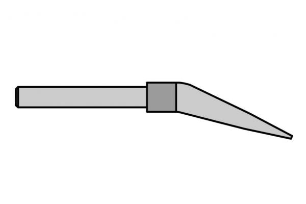 The image shows a simple, long, narrow object with a pointed, angled edge at one end. The other part is straight and wider. It appears to be a basic tool or part of a tool.