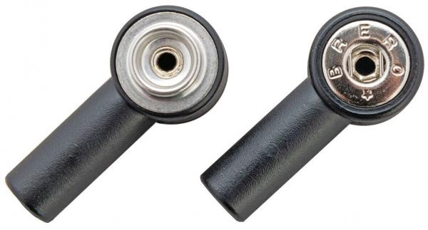 The image shows two identical connection adapters in black with a metallic connector. They have a short, straight handle and a round contact surface on top.