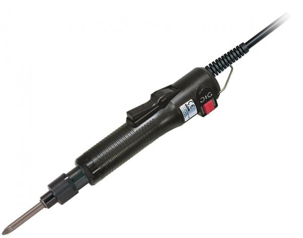 The image shows a soldering iron. It has a long handle, a metallic tip, and two switches. A cable spirals from the tip to the end of the handle.