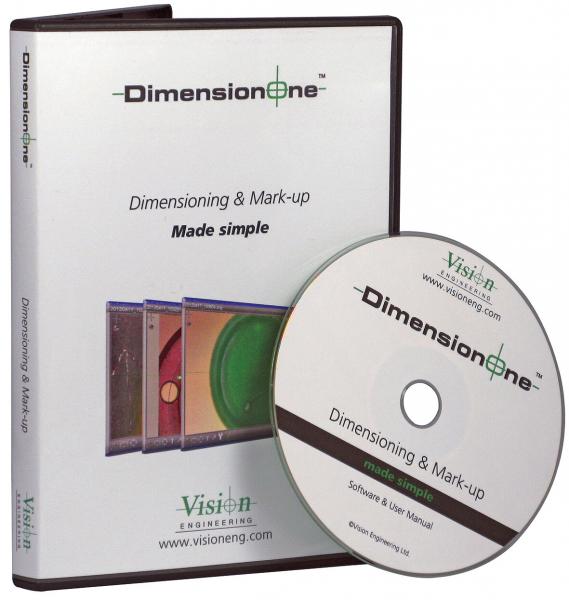 Das Bild zeigt eine DVD-Hülle mit der Aufschrift "DimensionOne" und dem Untertitel "Dimensioning & Mark-up Made simple". Daneben liegt die DVD mit dem gleichen Titel.