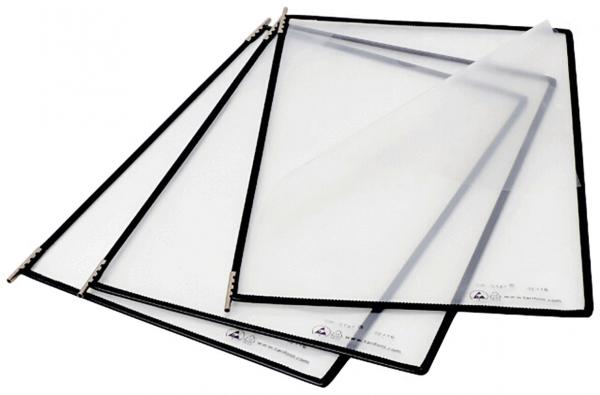 The image shows several transparent document sleeves with black borders. They are stacked and provide space for sheets. Ideal for protecting documents.