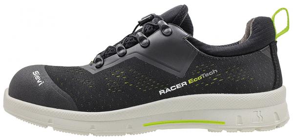 Der Schuh ist schwarz mit grauen und grünen Akzenten. Er hat eine atmungsaktive Oberseite, eine gepolsterte Sohle und eine innovative Schnürung. Sportlich und modern in der Form.