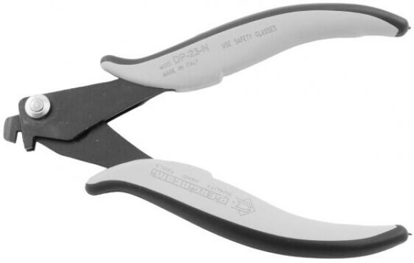 The image shows a black pair of pliers with gray, non-slip grips. It has a special shape with a slightly curved edge, suitable for precise gripping and cutting.