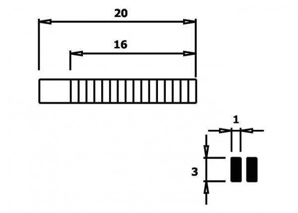 Das Bild zeigt eine technische Zeichnung mit Maßen: Eine längliche Form mit der Breite von 20 Einheiten und einer Zwischenmarkierung bei 16. Rechts sind drei weitere Maße abgebildet.