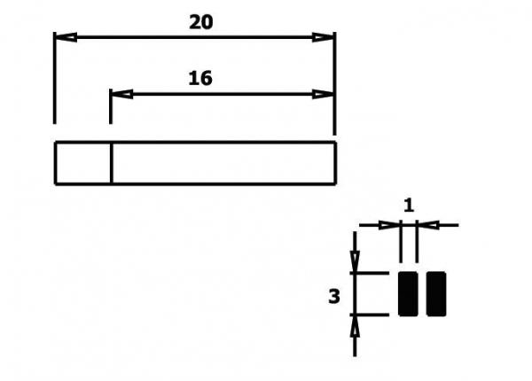 Das Bild zeigt eine schematische Darstellung eines Rechtecks. Die Breite beträgt 20 Einheiten, die Höhe 16 Einheiten. Unter dem Rechteck sind zwei schwarze rechteckige Formen und Maßlinien mit Werten 1 und 3 dargestellt.