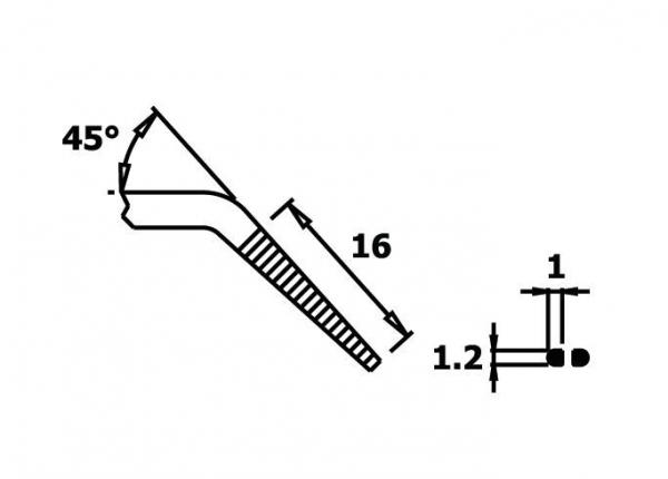 The image displays a technical drawing of a tool. It features a slanted edge at a 45-degree angle and measures 16 units in height. On the right, dimensions of 1 and 1.2 units are indicated.