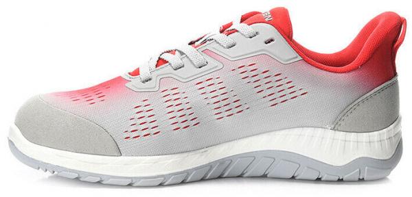 The shoe is a sporty sneaker in gray with red accents. It has a breathable surface, a padded heel, and a flexible, grippy sole.