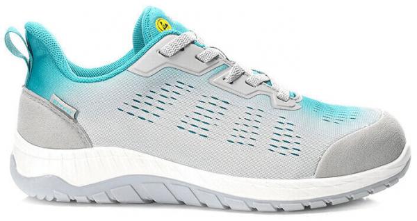 The shoe is a lightweight, gray sports shoe with blue accents. It has a non-slip sole and mesh-like inserts for better ventilation. The design is modern and sporty.