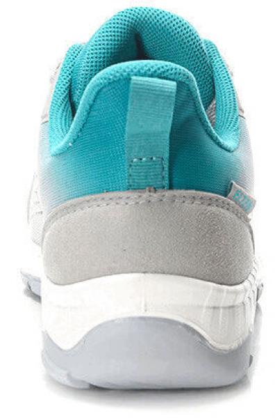 This is a sports shoe made of gray and turquoise material. The heel is slightly raised and the shoe has a white sole. The upper appears soft and padded.