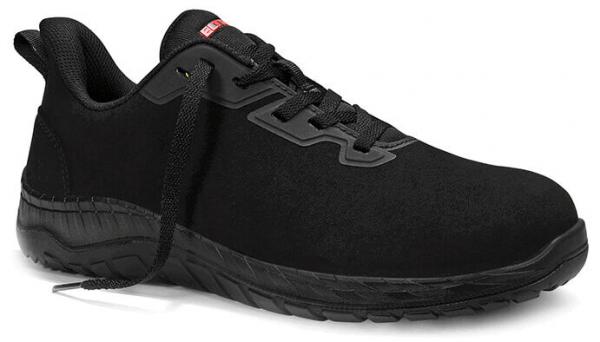 The shoe is a black sneaker with a sturdy, slightly curved sole. It has laces and a padded, comfortable interior. Ideal for athletic activities.