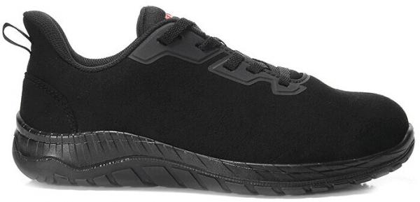 The shoe is a black athletic shoe with a flat sole and a seamless surface. It has laces and a small tab at the back for pulling it on.