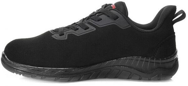 The image displays a black athletic shoe with a continuous, non-slip sole. It features a simple design with a flat shape and a padded heel for comfort.