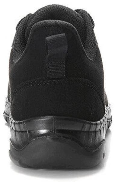 The image shows the rear view of a black sports shoe. The sole is shiny and slightly elevated, while the upper part is made of a matte fabric. A small section for the laces is visible.