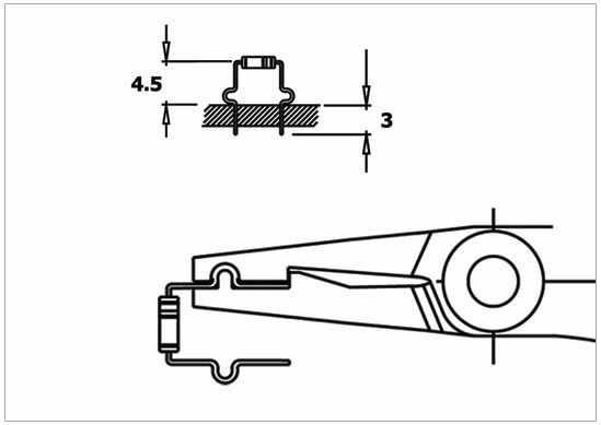 The image displays technical drawings: The top one is a side view with dimensions 4.5 and 3 mm. The bottom one is a schematic representation of a tool with a clamp or bracket.