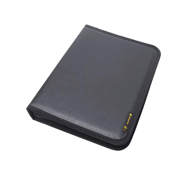The image displays a black, flat folder made of faux leather. It has a smooth surface and a yellow tag in the bottom right corner. The folder is closed and rectangular.