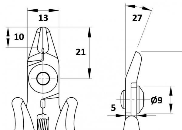 The image displays technical drawings of a pair of pliers from two perspectives. Dimensions are provided: length, width, and detailed sizes. The pliers have two handles and a tip.