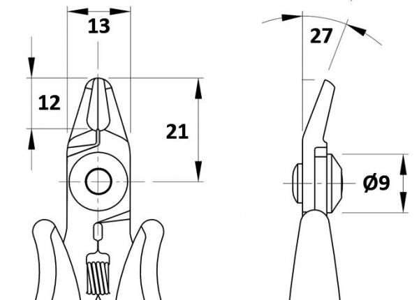 The image shows a technical drawing of a pair of pliers. It has two handles, a pointed working surface, and dimensions for various parts, such as length and Ø.